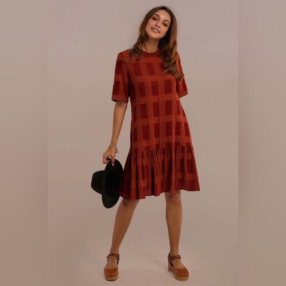 Pando grove Rust Half Sleeve Round Neck Natural
Cotton Plaid Mini Dress Sz S - Picture 4 of 14